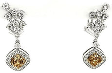 3.65CT WHITE & FANCY YELLOW DIAMOND 18KT 2 TONE GOLD 3D CUSHION & ROUND EARRINGS