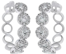 1.41CT DIAMOND 18KT WHITE GOLD MULTI FLOWER CLASSIC HALO HOOP HANGING EARRINGS