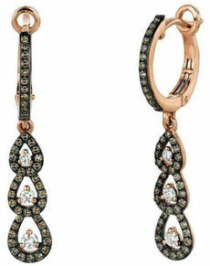 .64CT WHITE & CHOCOLATE FANCY DIAMOND 14KT ROSE GOLD TEAR DROP HANGING EARRINGS