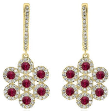 1.06CT DIAMOND & AAA RUBY 14KT YELLOW GOLD 3D MULTI FLOWER FUN HANGING EARRINGS