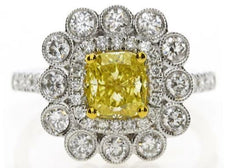 1.97CT WHITE & FANCY YELLOW DIAMOND 18KT 2 TONE GOLD 3D CUSHION ENGAGEMENT RING