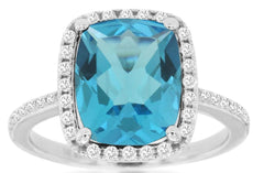 5.1CT DIAMOND & AAA BLUE TOPAZ 14K WHITE GOLD 3D CUSHION SQUARE HALO LOVE RING
