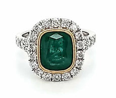 LARGE 4.36CT DIAMOND & AAA EMERALD 18KT 2 TONE GOLD CUSHION HALO ENGAGEMENT RING