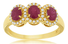 1.36CT DIAMOND & AAA RUBY 14KT YELLOW GOLD OVAL & ROUND 3 STONE ANNIVERSARY RING