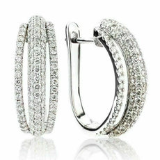 ESTATE 1.28CT DIAMOND 18KT WHITE GOLD 3D ROUND PAVE MULTI ROW SEMI HOOP EARRINGS