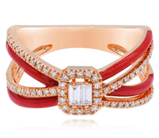 .29CT DIAMOND & RED ENAMEL 14KT ROSE GOLD ROUND & BAGUETTE CRISS CROSS LOVE RING