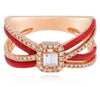 .29CT DIAMOND & RED ENAMEL 14KT ROSE GOLD ROUND & BAGUETTE CRISS CROSS LOVE RING