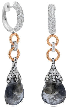LARGE 9.90CT WHITE & ICE DIAMOND 18KT WHITE ROSE & BLACK GOLD TEAR DROP EARRINGS