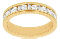 1.0CT DIAMOND 14KT YELLOW GOLD ROUND & BAGUETTE CHANNEL WEDDING ANNIVERSARY RING