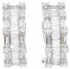 LARGE 3.5CT DIAMOND 18KT WHITE GOLD 3D ROUND & BAGUETTE CLIP ON HANGING EARRINGS