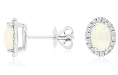 1.19CT DIAMOND & AAA OPAL 14KT WHITE GOLD OVAL & ROUND HALO FLOWER STUD EARRINGS