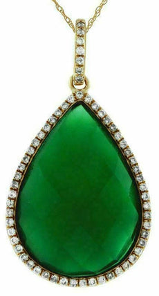 .18CT DIAMOND & AAA GREEN AGATE 14KT YELLOW GOLD TEAR DROP HALO CLASSIC PENDANT