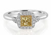 .61CT WHITE & FANCY YELLOW DIAMOND 18KT 2 TONE GOLD PRINCESS SQUARE 3 STONE RING