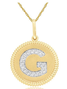.09CT DIAMOND 14K 2 TONE GOLD G INITIAL ROUND MATTE & SHINY FUN FLOATING PENDANT