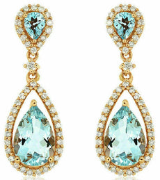 ESTATE 2.99CT DIAMOND & AAA AQUAMARINE 14K ROSE GOLD PEAR SHAPE HANGING EARRINGS