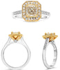 1.47CT WHITE & FANCY YELLOW DIAMOND 14KT 2 TONE GOLD CUSHION & ROUND SQUARE RING