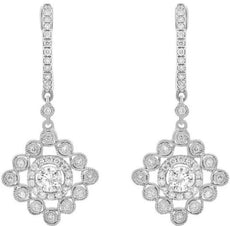 ESTATE .82CT DIAMOND 14KT WHITE GOLD 3D ROUND FLOWER LEVERBACK HANGING EARRINGS