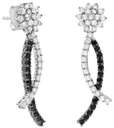 1.95CT WHITE & BLACK DIAMOND 14KT WHITE GOLD 3D FLOWER CRISS CROSS LOVE EARRINGS