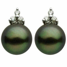 ESTATE .16CT DIAMOND & AAA TAHITIAN PEARL 14KT WHITE GOLD 3 STONE FUN EARRINGS