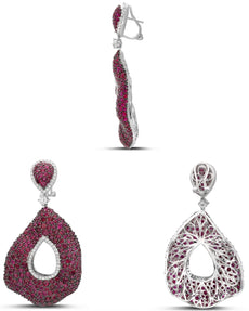 EXTRA LARGE 18.71CT DIAMOND & AAA RUBY 18K WHITE GOLD TEAR DROP HANGING EARRINGS