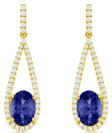 ESTATE LARGE 2.0CT DIAMOND & AAA TANZANITE 14K YELLOW GOLD OVAL & ROUND EARRINGS