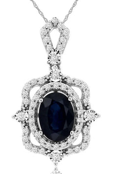 1.25CT DIAMOND & AAA SAPPHIRE 14KT WHITE GOLD 3D OVAL FILIGREE FLOATING PENDANT