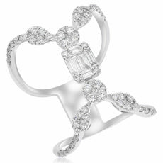 .89CT DIAMOND 18KT WHITE GOLD ROUND AND BAGUETTE MULTI FLOWER CLUSTER FUN RING