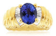 3.35CT DIAMOND & AAA TANZANITE 14KT YELLOW GOLD CLASSIC OVAL & BAGUETTE FUN RING