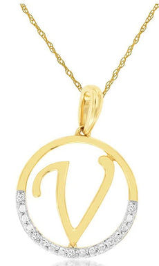 .02CT DIAMOND 14KT 2 TONE GOLD CLASSIC V INITIAL CIRCULAR FUN FLOATING PENDANT