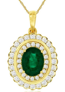 2.22CT DIAMOND & AAA EMERALD 14KT YELLOW GOLD OVAL & ROUND HALO FLOATING PENDANT