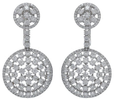 4.0CT DIAMOND 18KT WHITE GOLD 3D ROUND CLUSTER FLOWER CIRCULAR HANGING EARRINGS