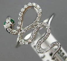 ESTATE LARGE .34CT DIAMOND & AAA EMERALD 14KT WHITE GOLD 3D SNAKE SWIRL FUN RING