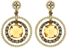 ESTATE LARGE 5.86CT WHITE & MOCHA DIAMOND & AAA CITRINE 14K YELLOW GOLD EARRINGS