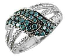 .83CT WHITE & BLUE DIAMOND 14KT WHITE & BLACK GOLD 3D DOUBLE LEAF MULTI ROW RING