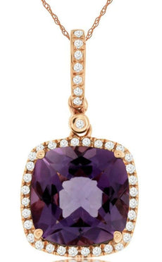 3.76CT DIAMOND & AAA AMETHYST 14KT ROSE GOLD 3D CUSHION & ROUND FLOATING PENDANT