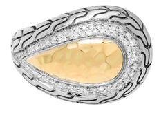 .39CT DIAMOND 18K YELLOW GOLD & 925 SILVER HANDCRAFTED TEAR DROP NUGGET FUN RING