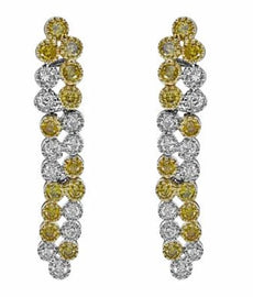 LARGE 2.13CT WHITE & FANCY YELLOW DIAMOND 18K 2 TONE GOLD 2 ROW HANGING EARRINGS