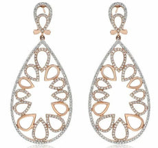 LARGE 2.34CT DIAMOND 14KT ROSE GOLD 3D FLOWER TEAR DROP CLIP ON HANGING EARRINGS