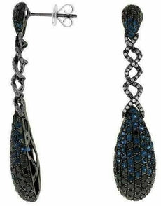 ESTATE 4.53CT WHITE & BLACK DIAMOND & AAA SAPPHIRE 14KT WHITE GOLD 3D EARRINGS