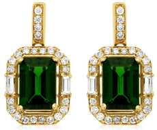2.21CT DIAMOND & AAA RUSSALITE 14KT YELLOW GOLD 3D EMERALD CUT HANGING EARRINGS