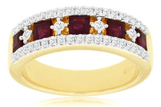 1.40CT DIAMOND & AAA RUBY 14K YELLOW GOLD 3D PRINCESS & ROUND 3 ROW WEDDING RING
