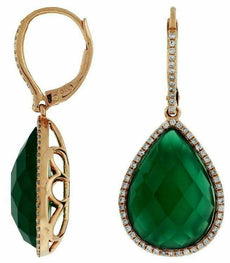 .35CT DIAMOND & AAA GREEN AGATE 14K ROSE GOLD 3D TEAR DROP HALO HANGING EARRINGS