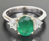 ESTATE 2.29CT DIAMOND & AAA EMERALD 18K 2 TONE GOLD OVAL 3 STONE ENGAGEMENT RING