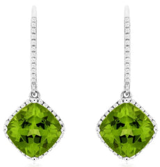 LARGE 4.31CT DIAMOND & AAA PERIDOT 14KT WHITE GOLD CUSHION HALO HANGING EARRINGS