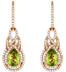 2.0CT DIAMOND & AAA PERIDOT 14KT ROSE GOLD PEAR SHAPE & ROUND HANGING EARRINGS