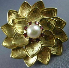 ANTIQUE LARGE .24CT GARNET & PEARL 14KT YELLOW GOLD FLOWER FILIGREE BROOCH 20413
