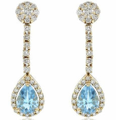 2.36CT DIAMOND & BLUE TOPAZ 14KT YELLOW GOLD FLOWER TEAR DROP HANGING EARRINGS