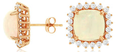 ESTATE 4.3CT DIAMOND & AAA OPAL 14K ROSE GOLD CUSHION & ROUND HALO STUD EARRINGS