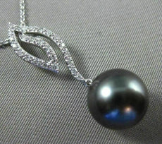 ESTATE .18CT DIAMOND 14KT WHITE GOLD 3D AAA TAHITIAN PEARL LEAF FLOATING PENDANT