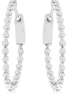 1CT DIAMOND 14KT WHITE GOLD ROUND SHARED PRONG INSIDE OUT HOOP HANGING EARRINGS